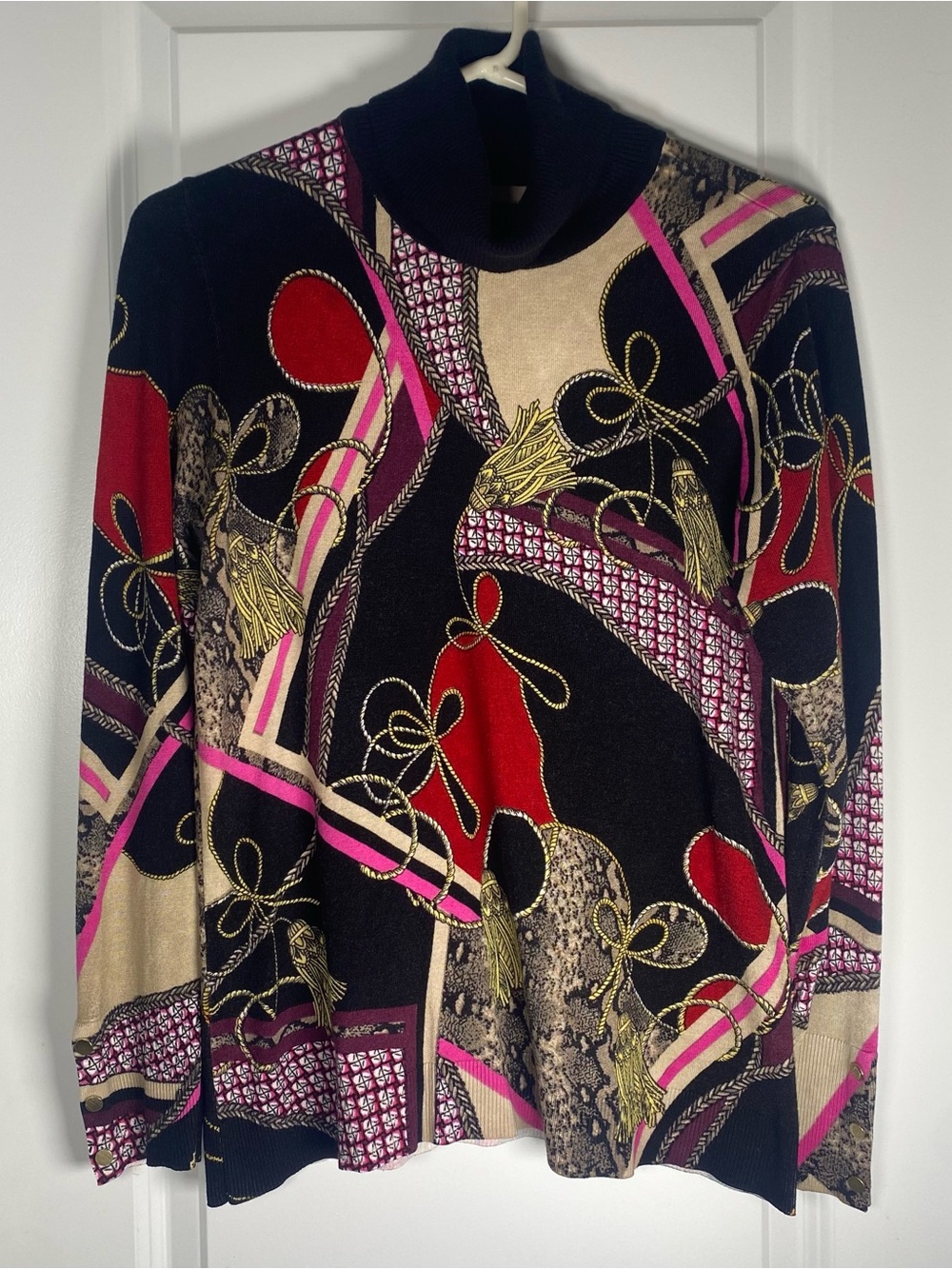 Chico's Status Print Mock Neck Top Rayon Nylon Knit Tassel Snake Multi-Color